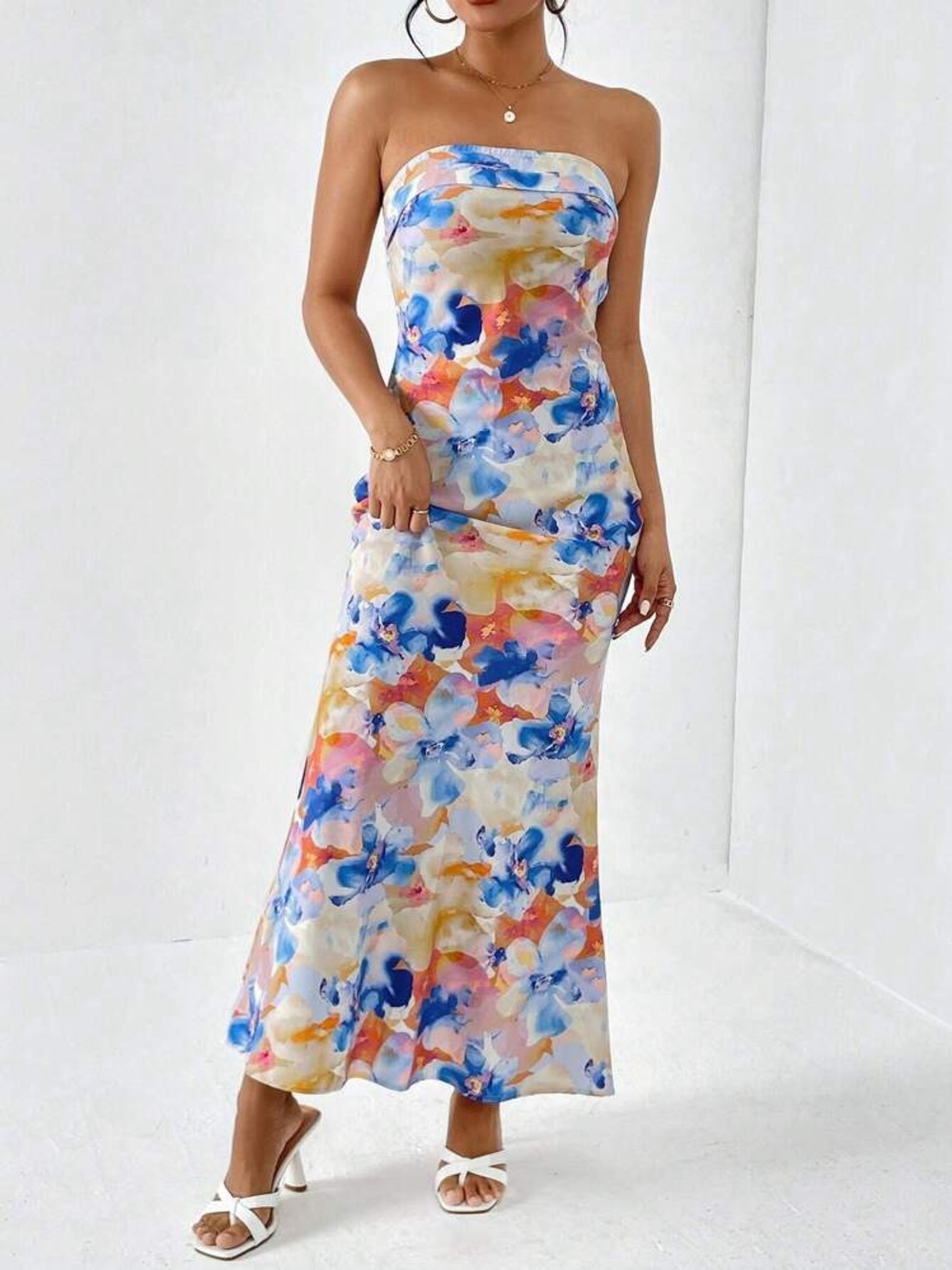 Strapless Floral Watercolor Maxi Dress in Blue & Orange